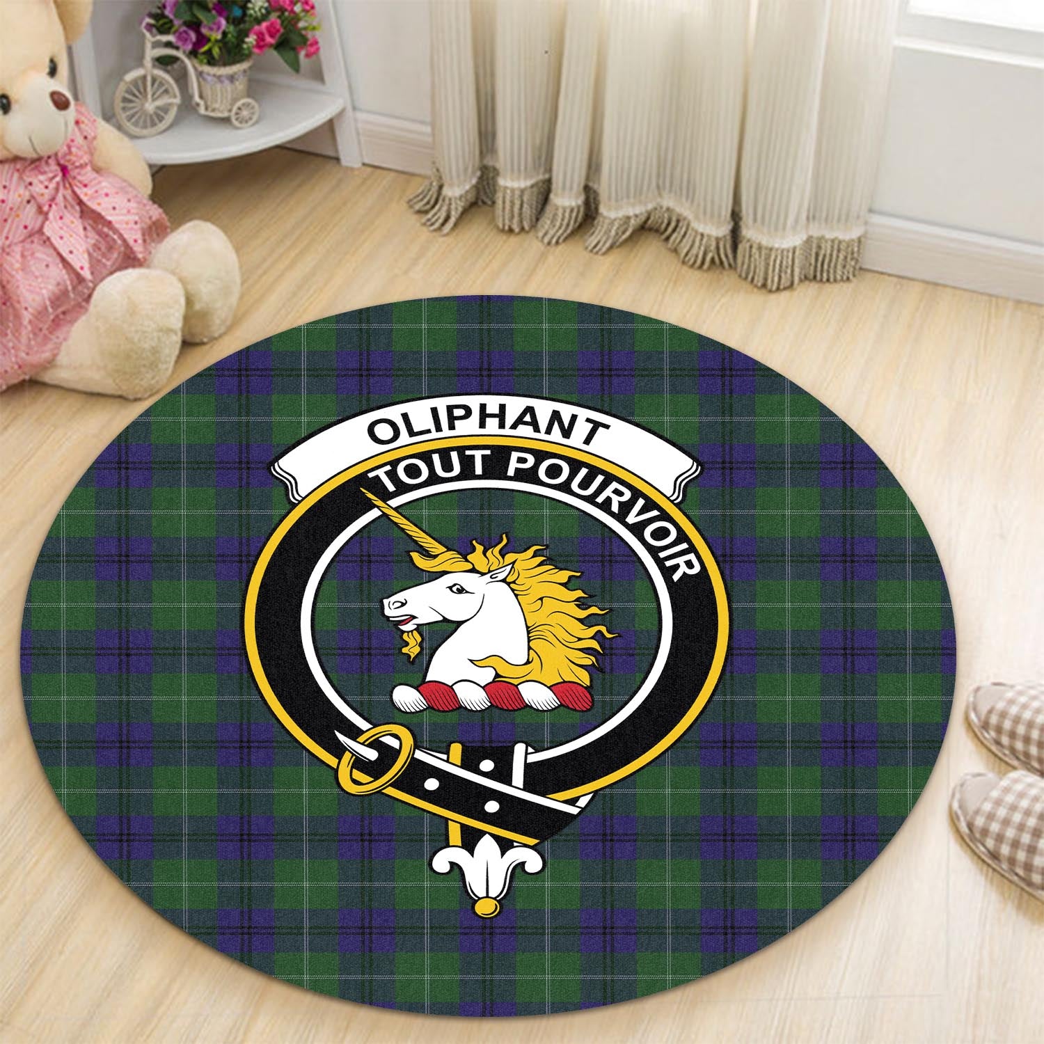 Oliphant Tartan Round Rug with Family Crest - Tartan Vibes Clothing