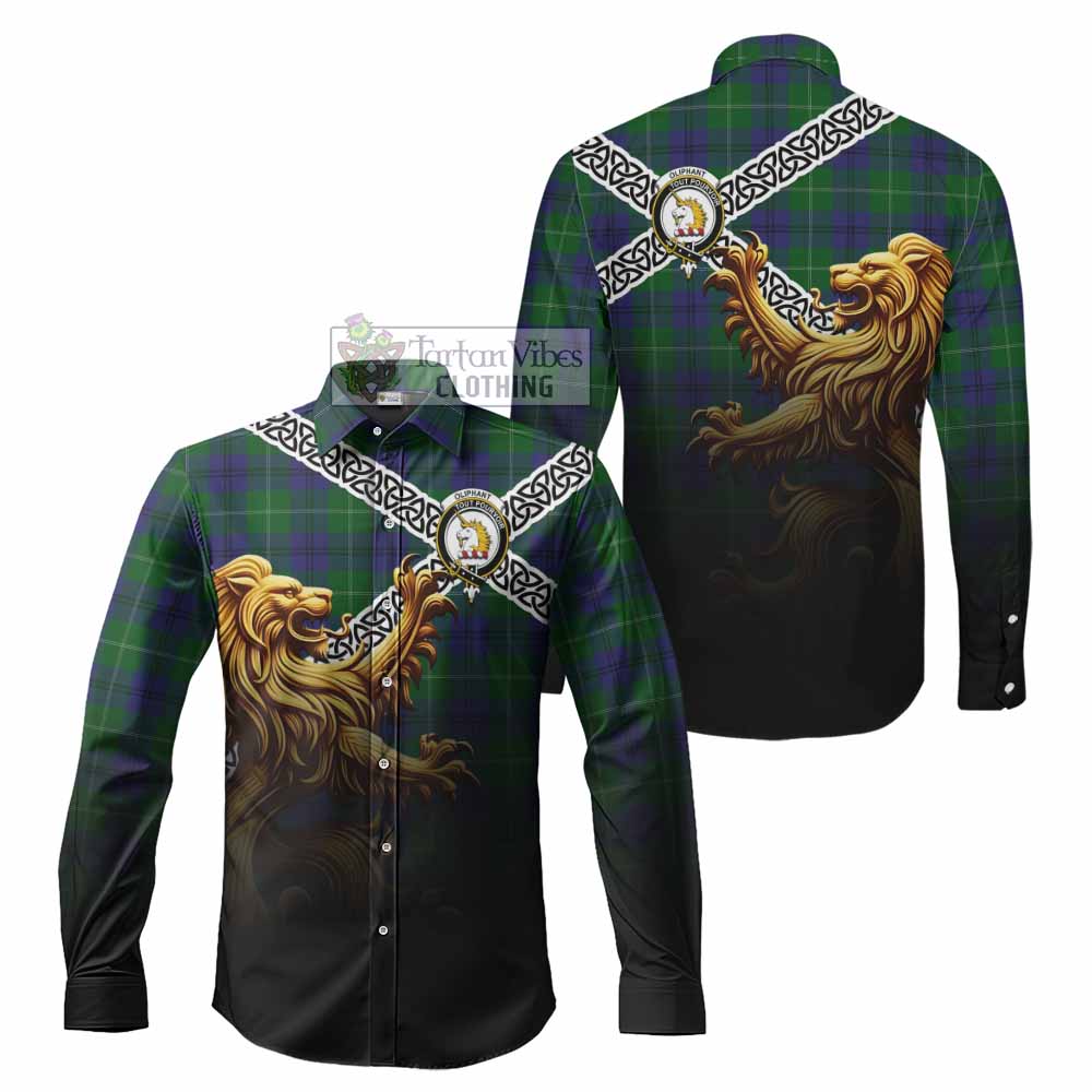 Oliphant Crest Tartan Long Sleeve Button Shirt with Golden Lion Emblem Celtic Style - Tartan Vibes Clothing