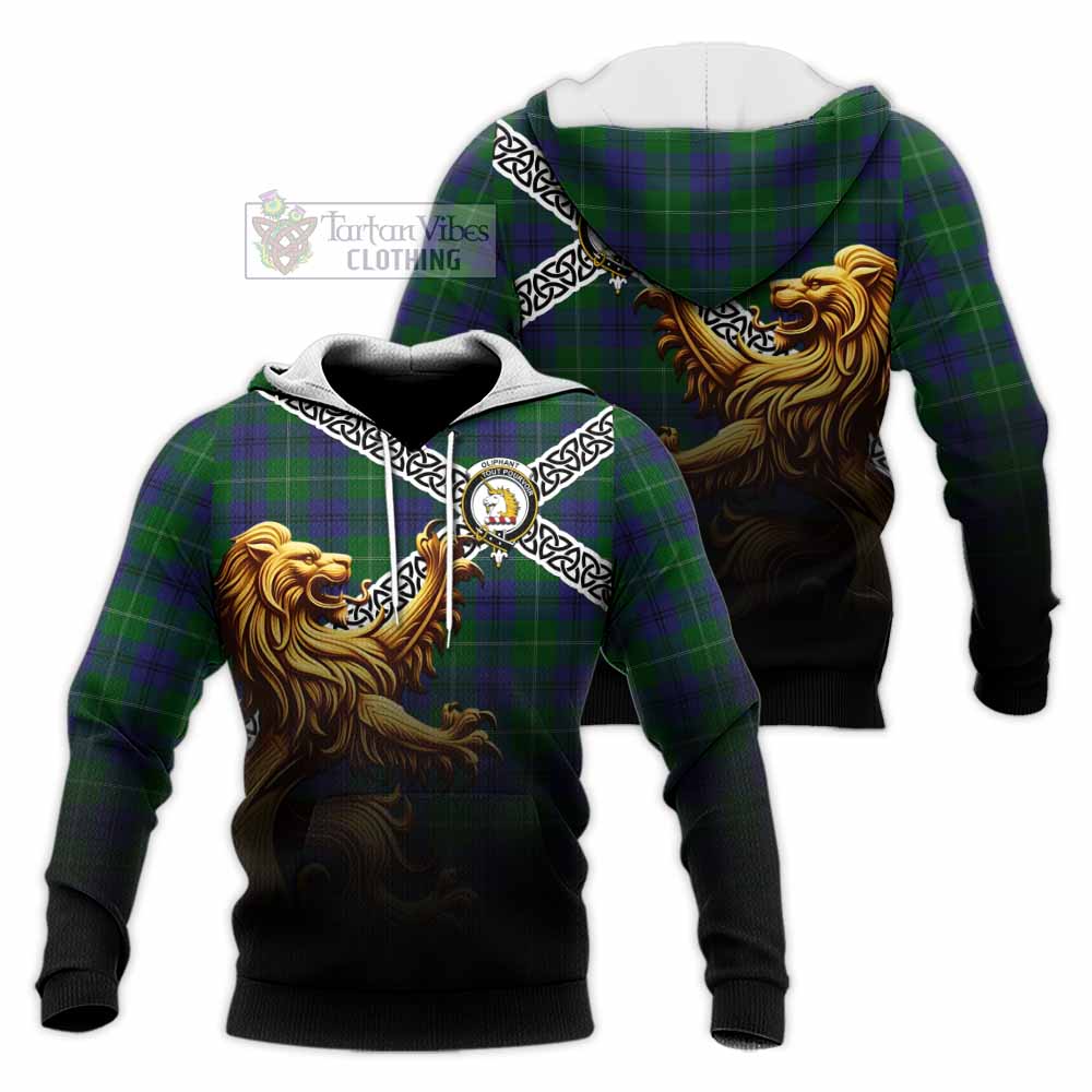 Oliphant Crest Tartan Knitted Hoodie with Golden Lion Emblem Celtic Style - Tartan Vibes Clothing