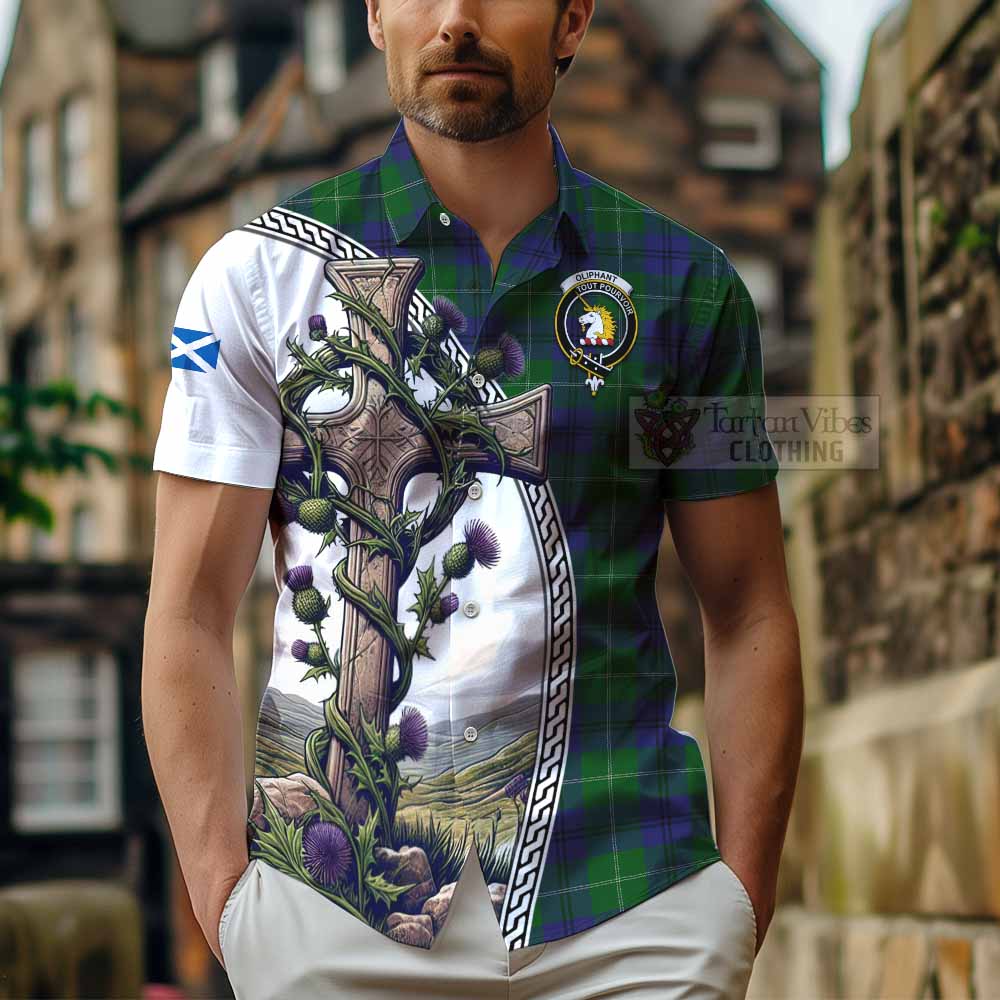 Oliphant Tartan Hawaiian Shirt with Family Crest and St. Andrew's Cross Accented by Thistle Vines - Tartan Vibes Clothing