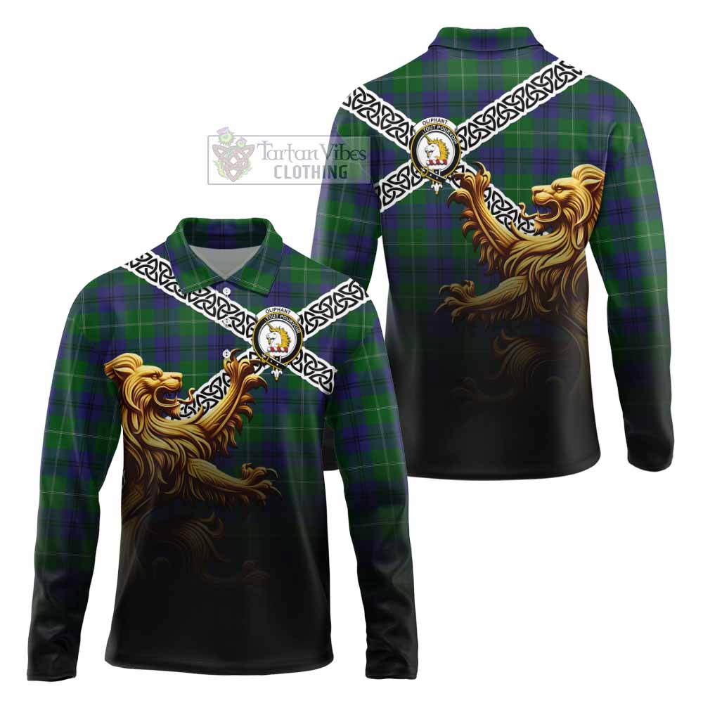 Oliphant Crest Tartan Long Sleeve Polo Shirt with Golden Lion Emblem Celtic Style - Tartan Vibes Clothing