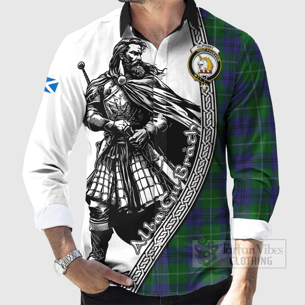 Oliphant Tartan Clan Crest Long Sleeve Button Shirt with Highlander Warrior Celtic Style - Tartan Vibes Clothing