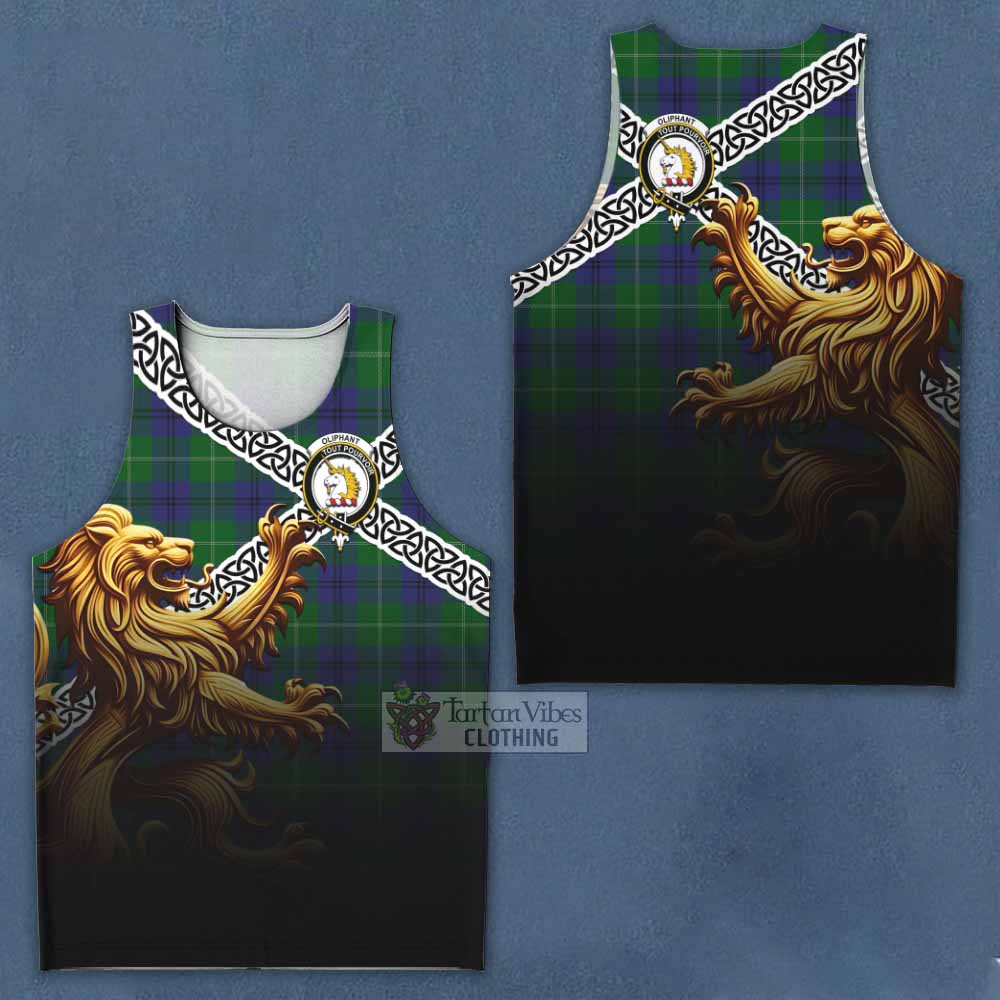 Oliphant Crest Tartan Men's Tank Top with Golden Lion Emblem Celtic Style - Tartan Vibes Clothing