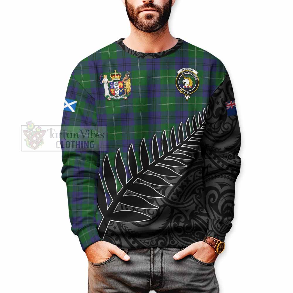 Oliphant Crest Tartan Sweatshirt with New Zealand Silver Fern Half Style - Tartan Vibes Clothing