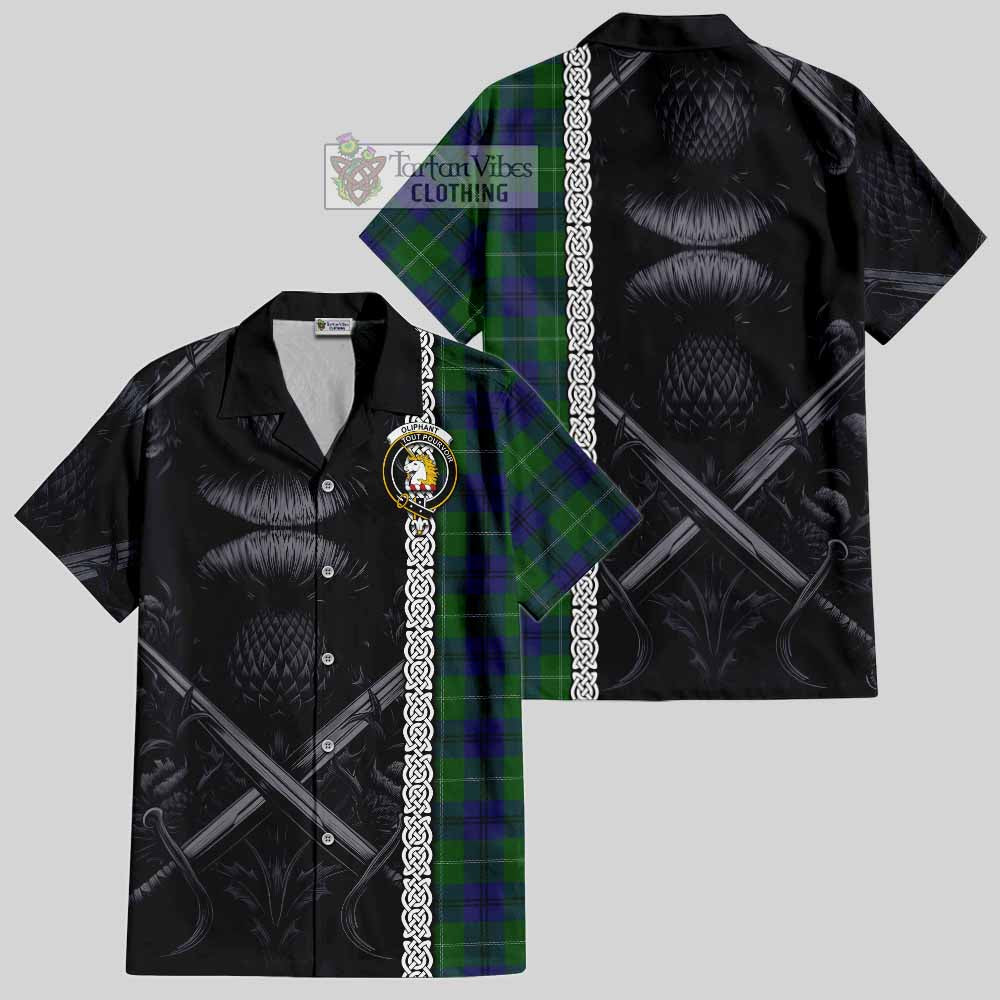 Oliphant Tartan Hawaiian Shirt with Family Crest Cross Sword Thistle Celtic Vibes - Tartan Vibes Clothing