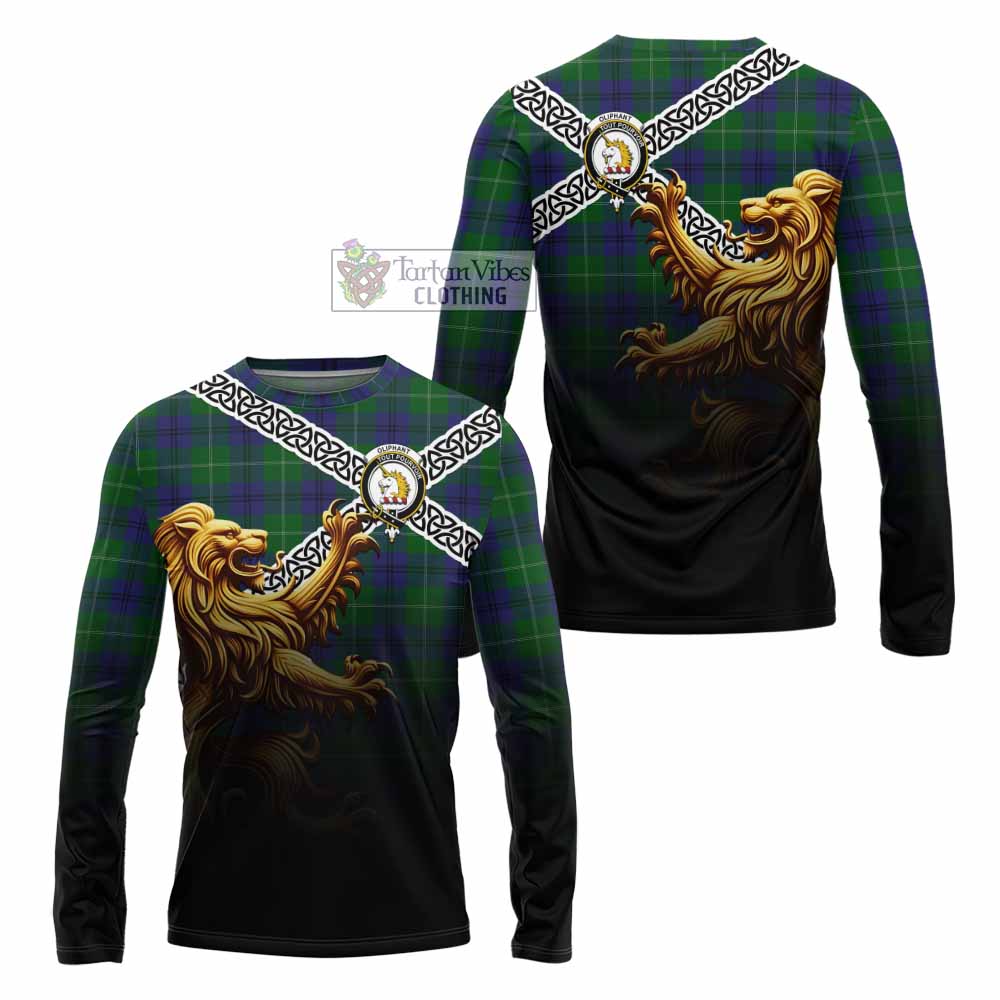 Oliphant Crest Tartan Long Sleeve T-Shirt with Golden Lion Emblem Celtic Style - Tartan Vibes Clothing