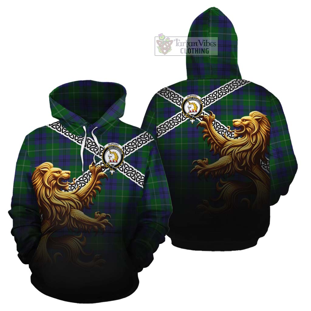 Oliphant Crest Tartan Cotton Hoodie with Golden Lion Emblem Celtic Style - Tartan Vibes Clothing