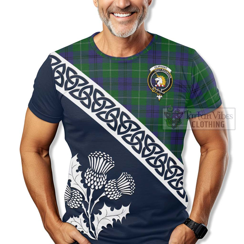 Oliphant Tartan T-Shirt Featuring Thistle and Scotland Map - Tartanvibesclothing Store