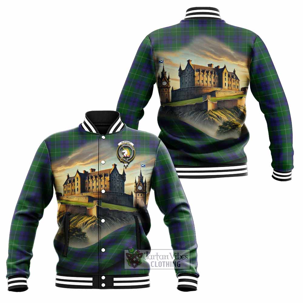 Oliphant Tartan Family Crest Baseball Jacket with Scottish Ancient Castle Style - Tartan Vibes Clothing