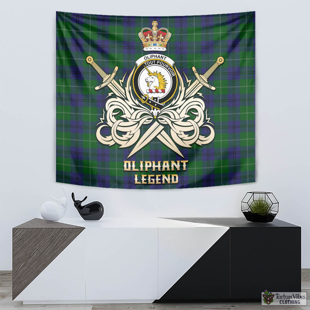 Oliphant Tartan Tapestry with Clan Crest and the Golden Sword of Courageous Legacy - Tartan Vibes Clothing