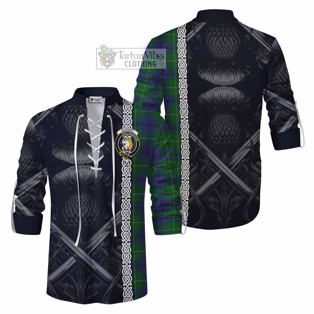 Oliphant Tartan Ghillie Kilt Shirt with Family Crest Cross Sword Thistle Celtic Vibes - Tartan Vibes Clothing