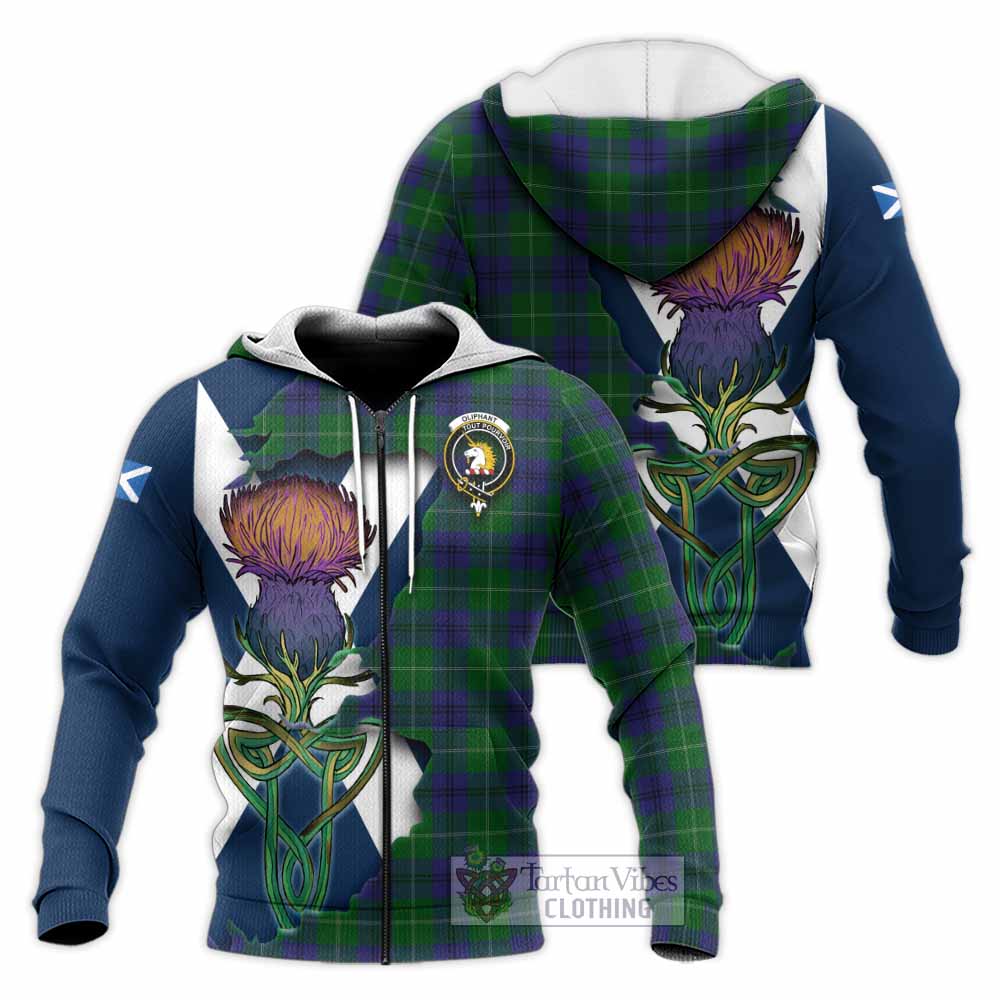 Tartan Vibes Clothing Oliphant Tartan Family Crest Knitted Hoodie Scottish Thistle Celtic Inspired