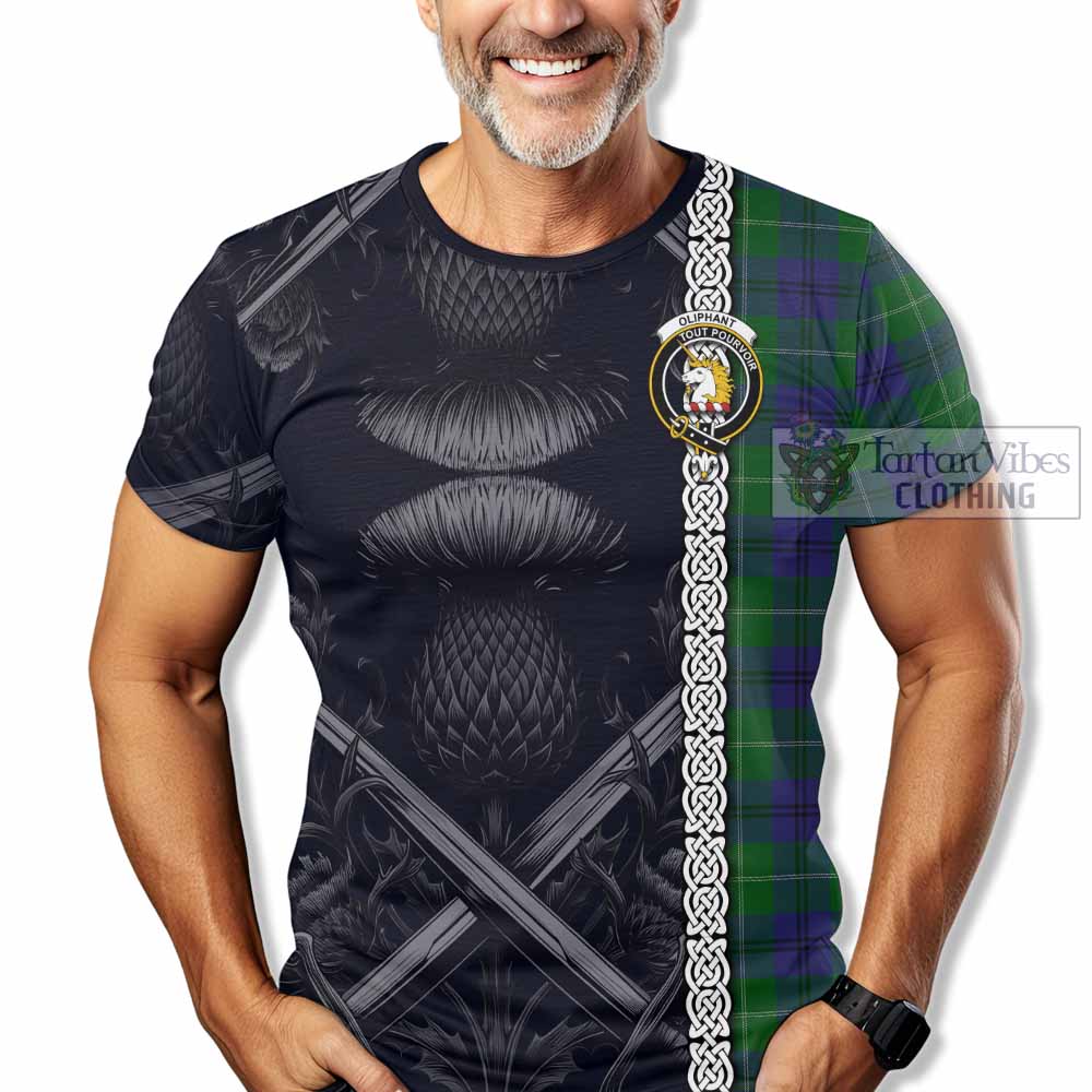Oliphant Tartan T-Shirt with Family Crest Cross Sword Thistle Celtic Vibes - Tartan Vibes Clothing