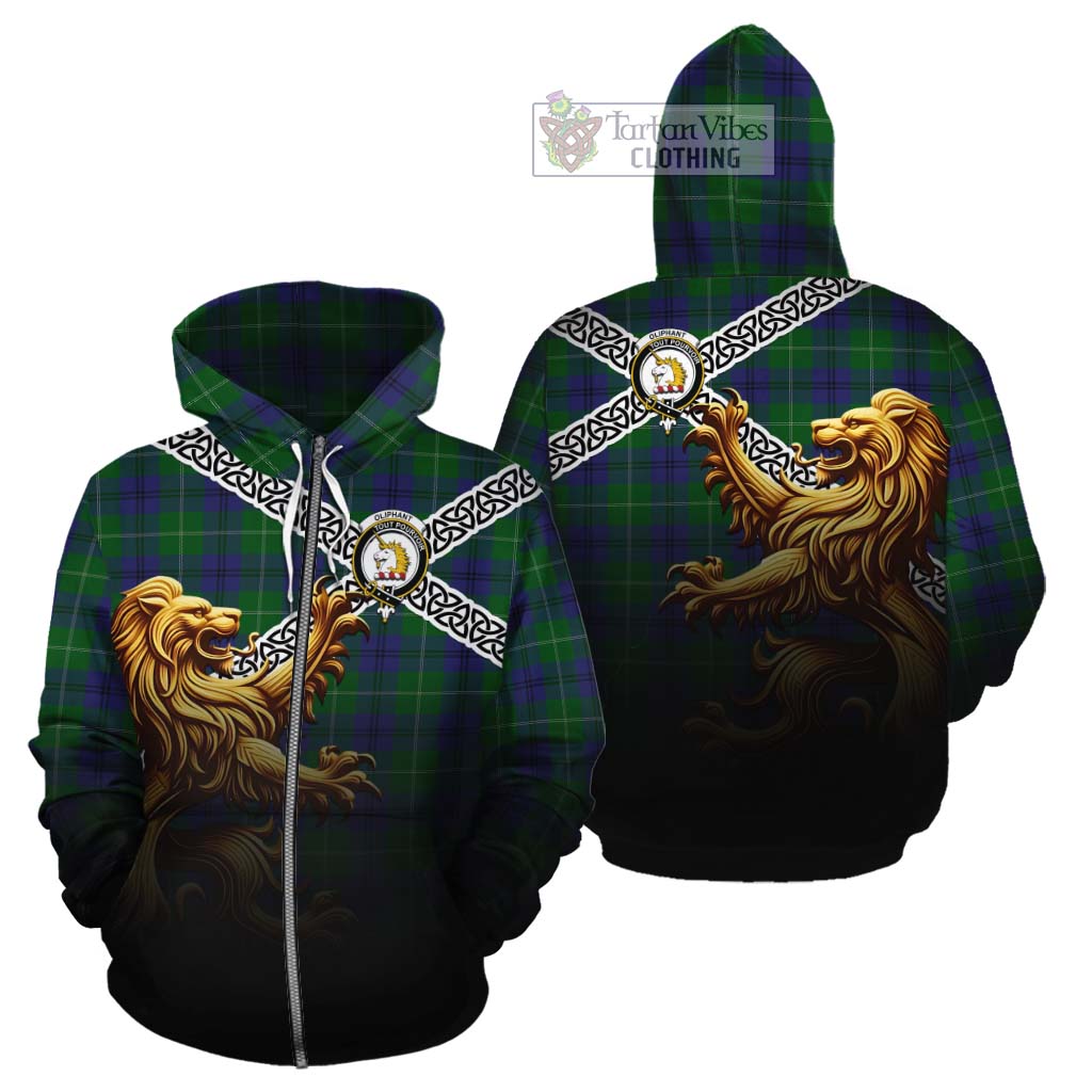 Oliphant Crest Tartan Cotton Hoodie with Golden Lion Emblem Celtic Style Zip Hoodie - Tartan Vibes Clothing