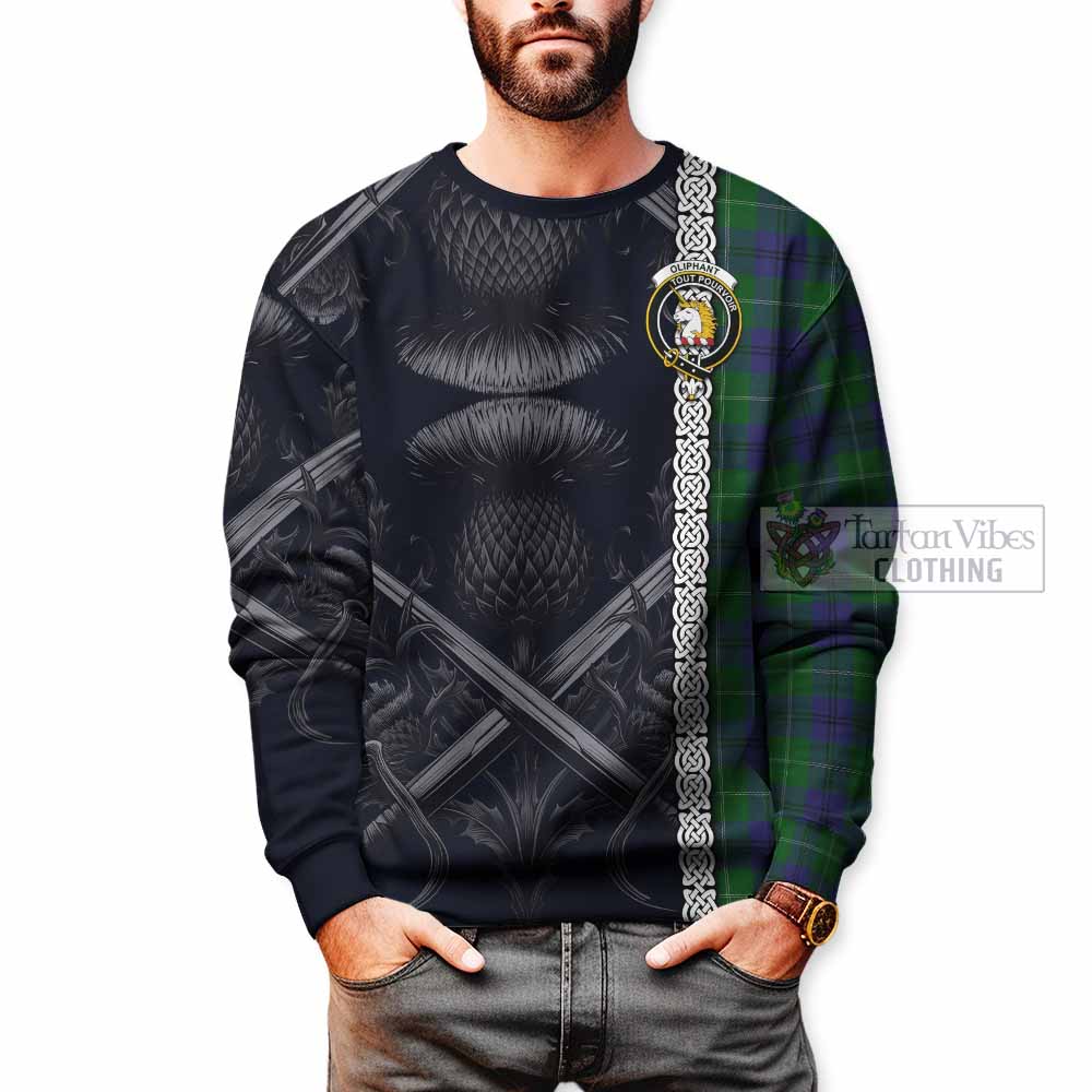 Oliphant Tartan Sweatshirt with Family Crest Cross Sword Thistle Celtic Vibes - Tartan Vibes Clothing