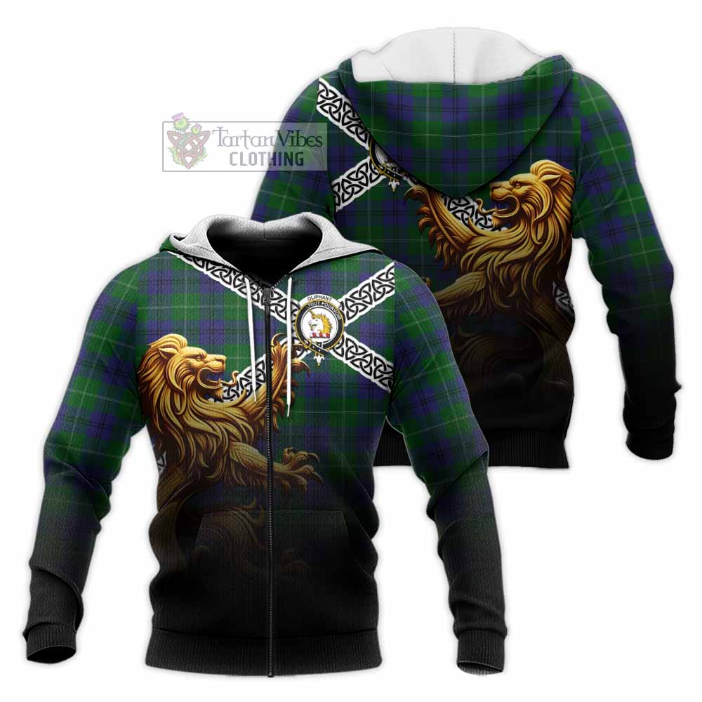 Oliphant Crest Tartan Knitted Hoodie with Golden Lion Emblem Celtic Style Unisex Knitted Zip Hoodie - Tartan Vibes Clothing