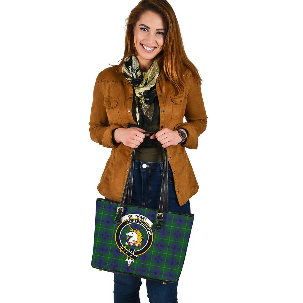 Oliphant Tartan Leather Tote Bag with Family Crest - Tartan Vibes Clothing