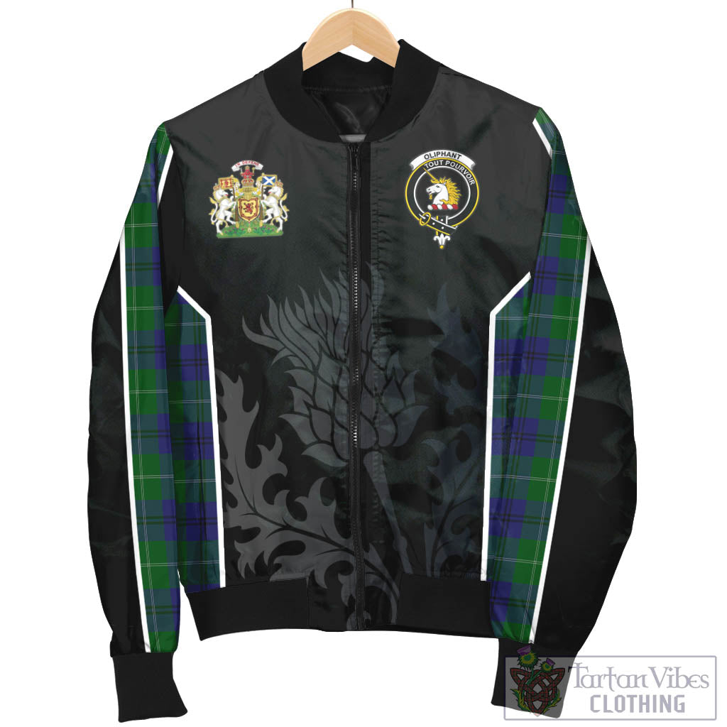 Tartan Vibes Clothing Oliphant Tartan Bomber Jacket with Family Crest and Scottish Thistle Vibes Sport Style