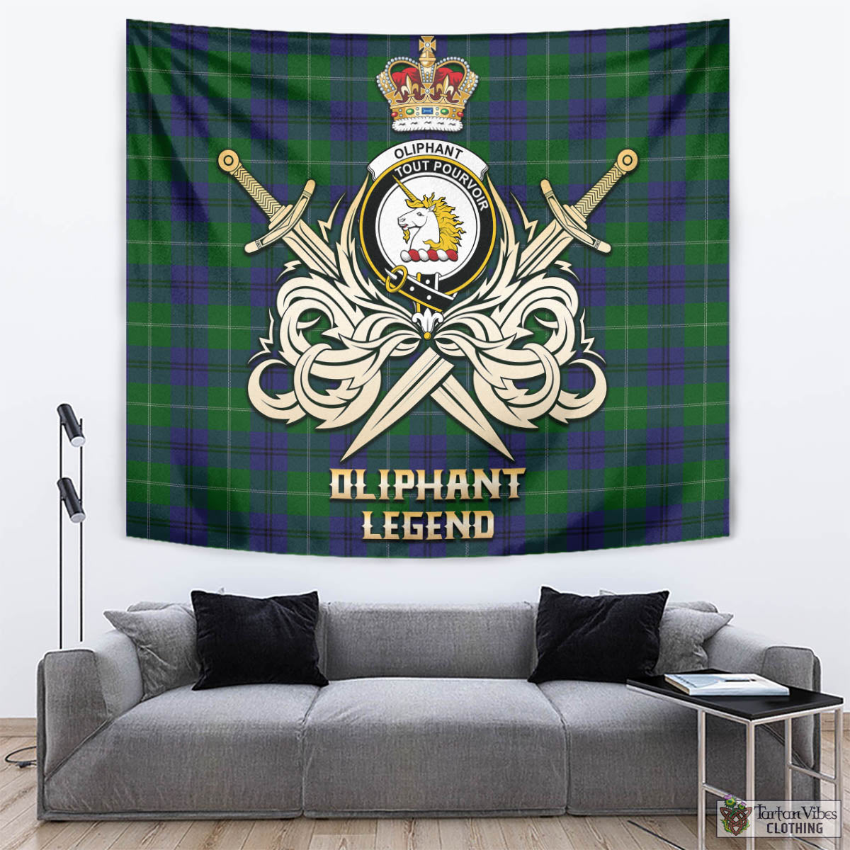 Oliphant Tartan Tapestry with Clan Crest and the Golden Sword of Courageous Legacy - Tartan Vibes Clothing