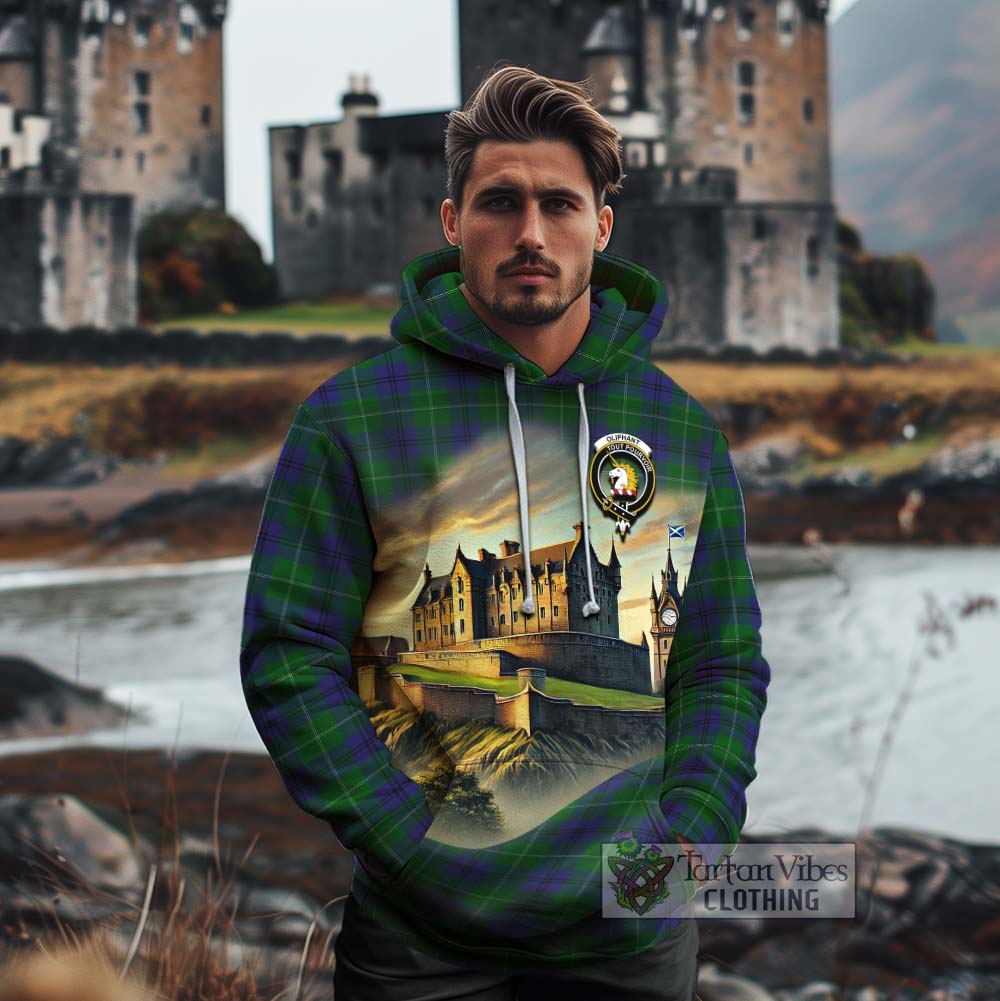 Oliphant Tartan Family Crest Cotton Hoodie with Scottish Ancient Castle Style - Tartan Vibes Clothing