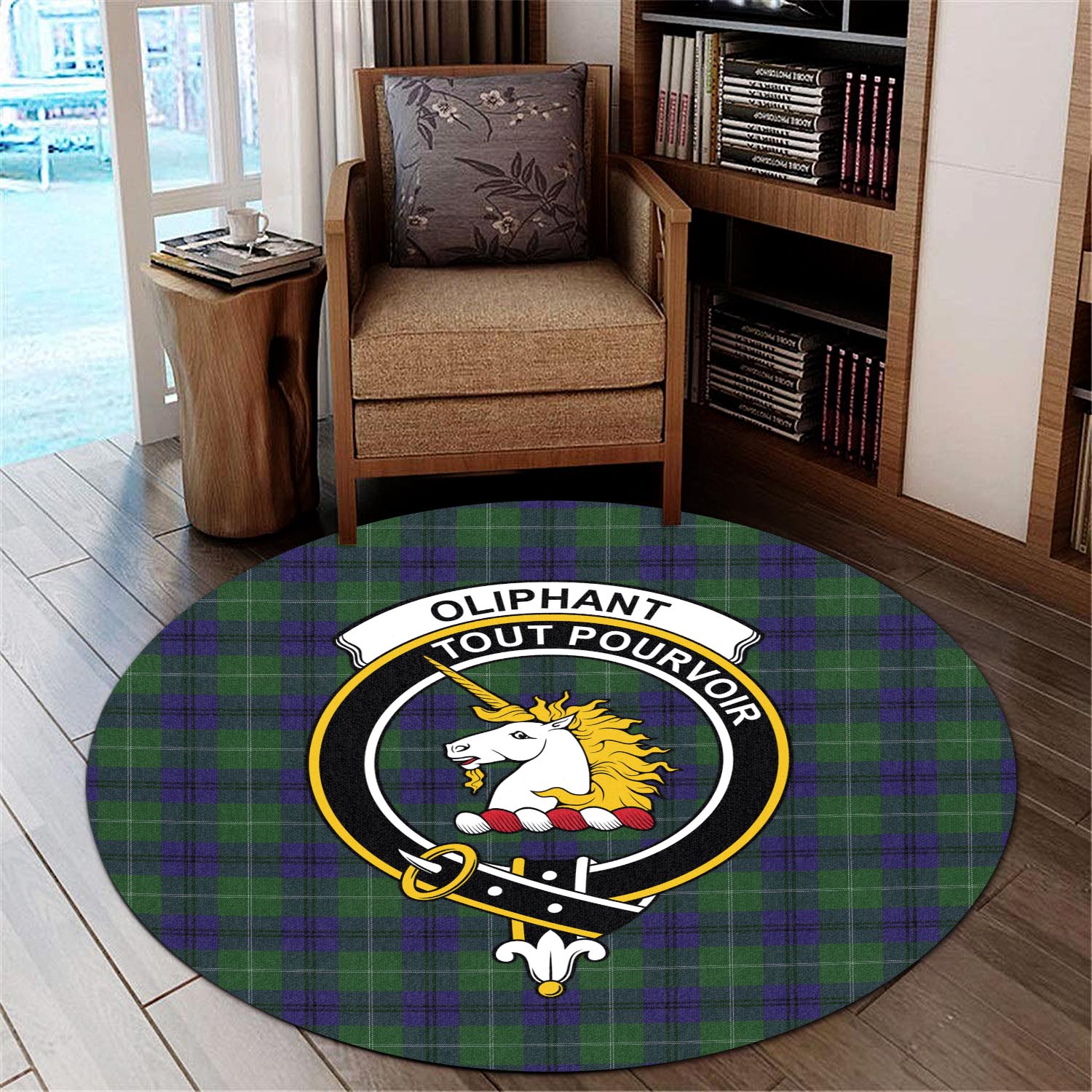 Oliphant Tartan Round Rug with Family Crest - Tartan Vibes Clothing