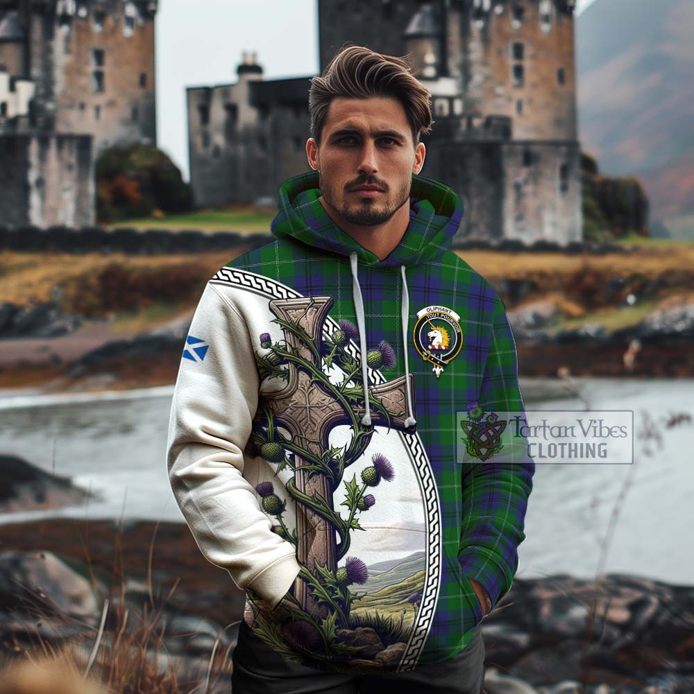 Tartan Vibes Clothing Oliphant Tartan Cotton Hoodie with Family Crest and St. Andrew's Cross Accented by Thistle Vines