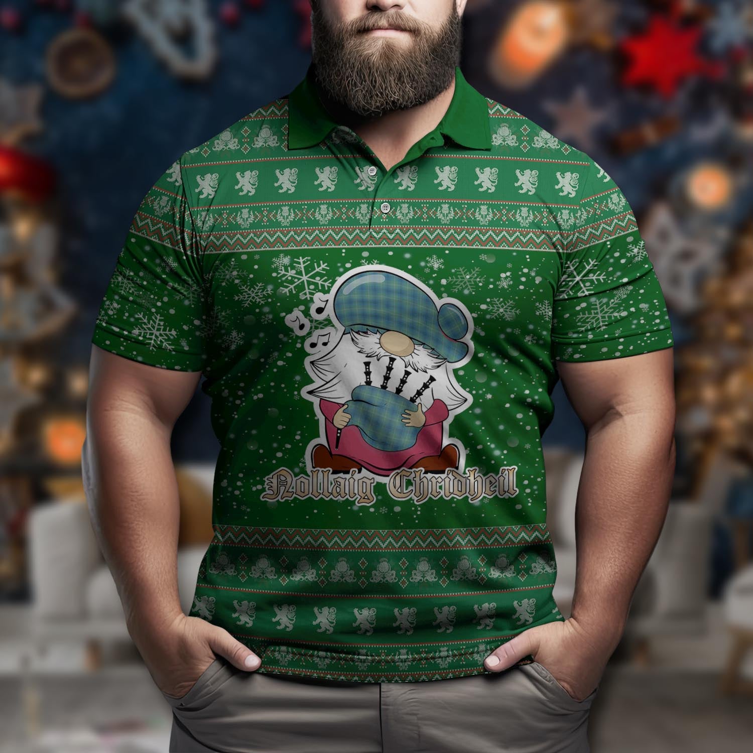 Oliphant Ancient Clan Christmas Family Polo Shirt with Funny Gnome Playing Bagpipes Men's Polo Shirt Green - Tartanvibesclothing