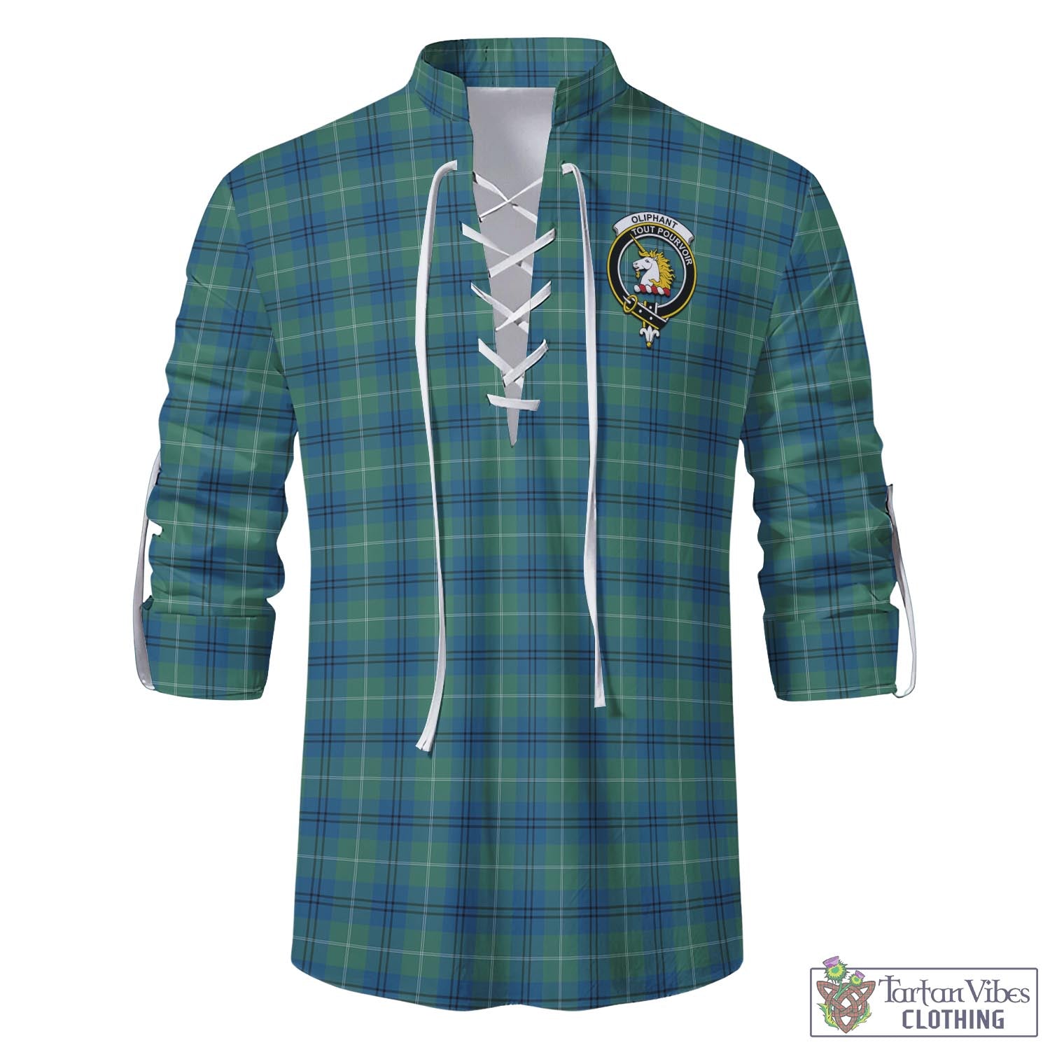 Tartan Vibes Clothing Oliphant Ancient Tartan Men's Scottish Traditional Jacobite Ghillie Kilt Shirt with Family Crest