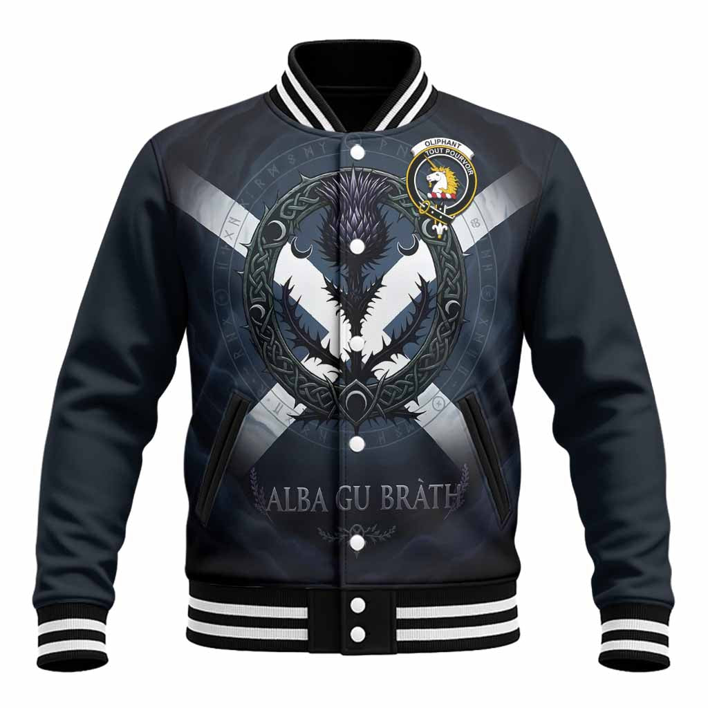 Oliphant Clan Crest Baseball Jacket with Celtic Knot Thistle and Saltire Unisex - Tartan Vibes Clothing