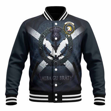 Oliphant Clan Crest Baseball Jacket with Celtic Knot Thistle and Saltire Unisex - Tartan Vibes Clothing