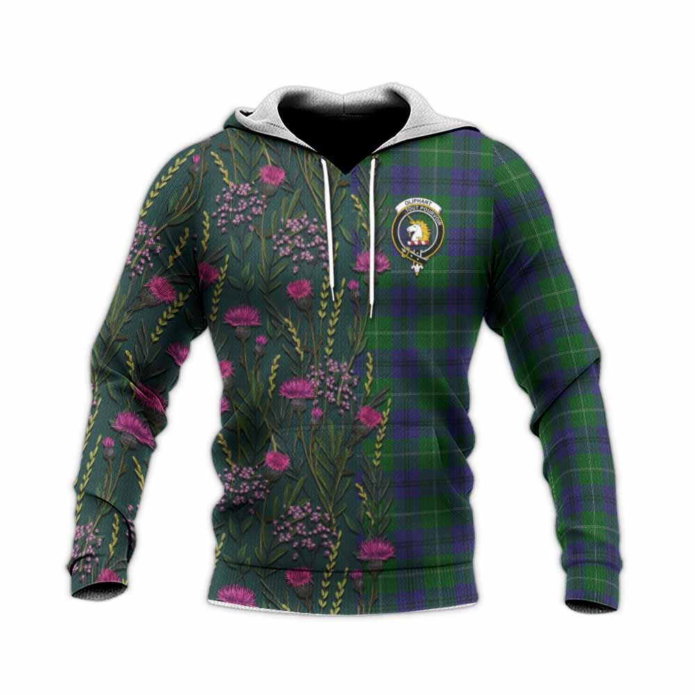Oliphant Family Crest Tartan Knitted Hoodie Scottish Thistle Flower Pattern Half Style - Tartan Vibes Clothing