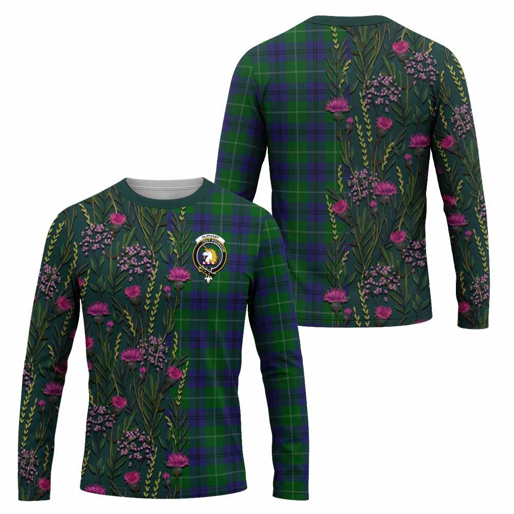 Oliphant Family Crest Tartan Long Sleeve T-Shirt Scottish Thistle Flower Pattern Half Style - Tartan Vibes Clothing