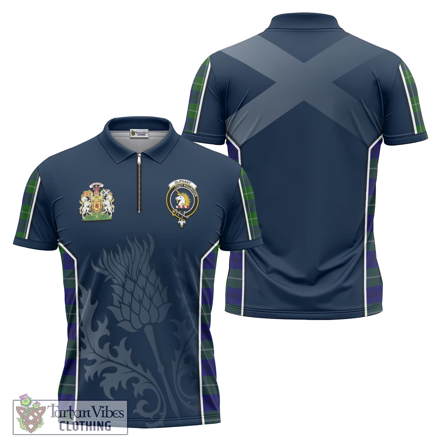 Tartan Vibes Clothing Oliphant Modern Tartan Zipper Polo Shirt with Family Crest and Scottish Thistle Vibes Sport Style