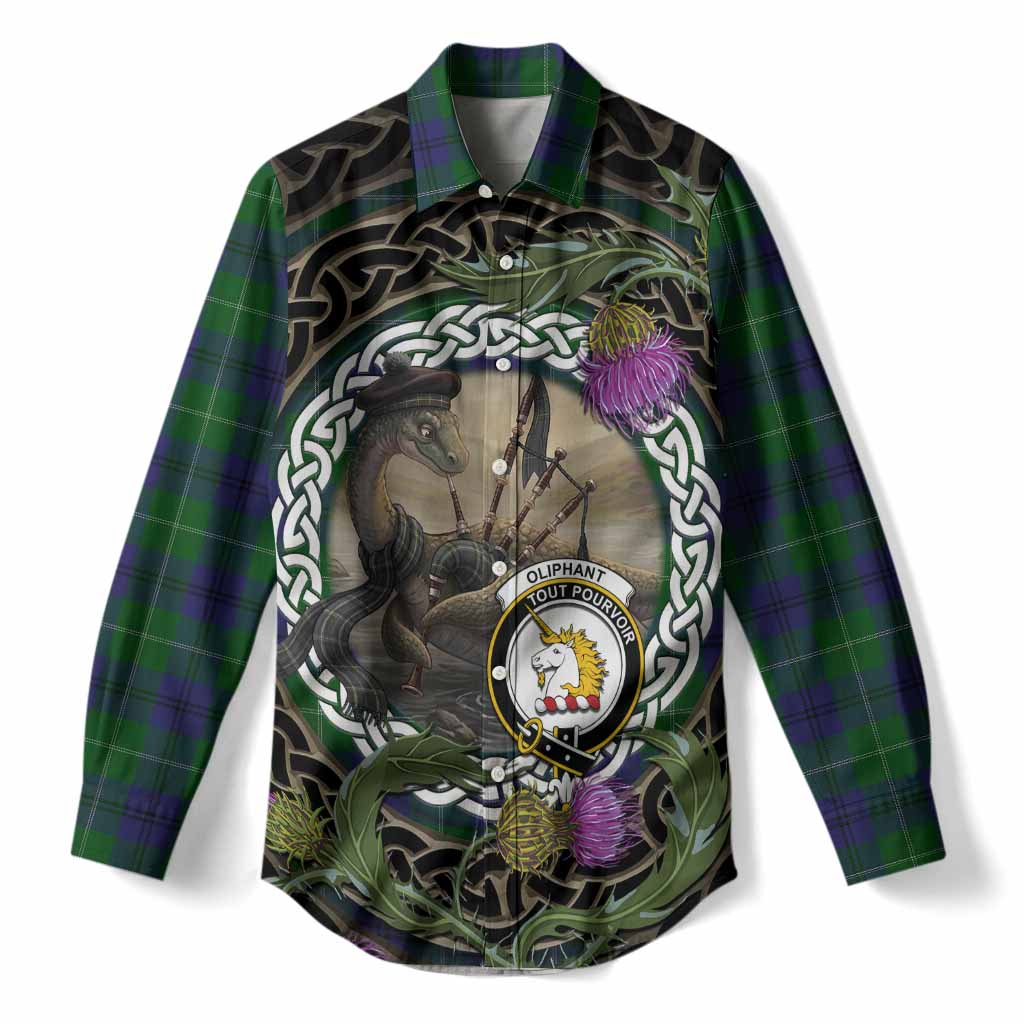 Oliphant Tartan Crest Bagpipe Nessie Women Casual Shirt Scottish Loch Ness Monster Celtic Thistle