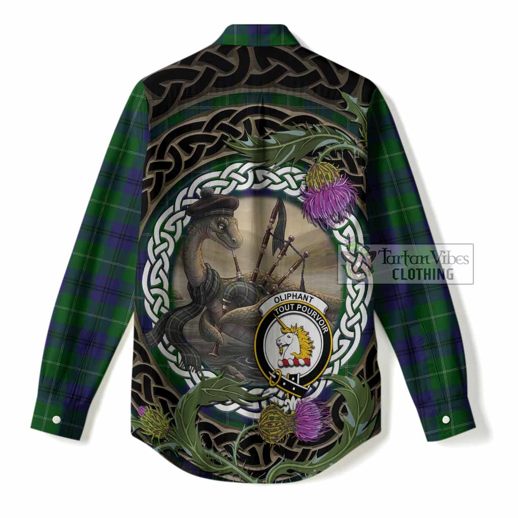 Oliphant Tartan Crest Bagpipe Nessie Women Casual Shirt Scottish Loch Ness Monster Celtic Thistle