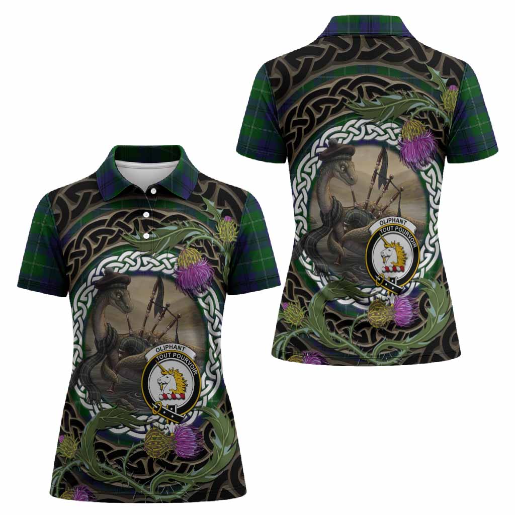 Oliphant Tartan Crest Bagpipe Nessie Women Polo Shirt Scottish Loch Ness Monster Celtic Thistle