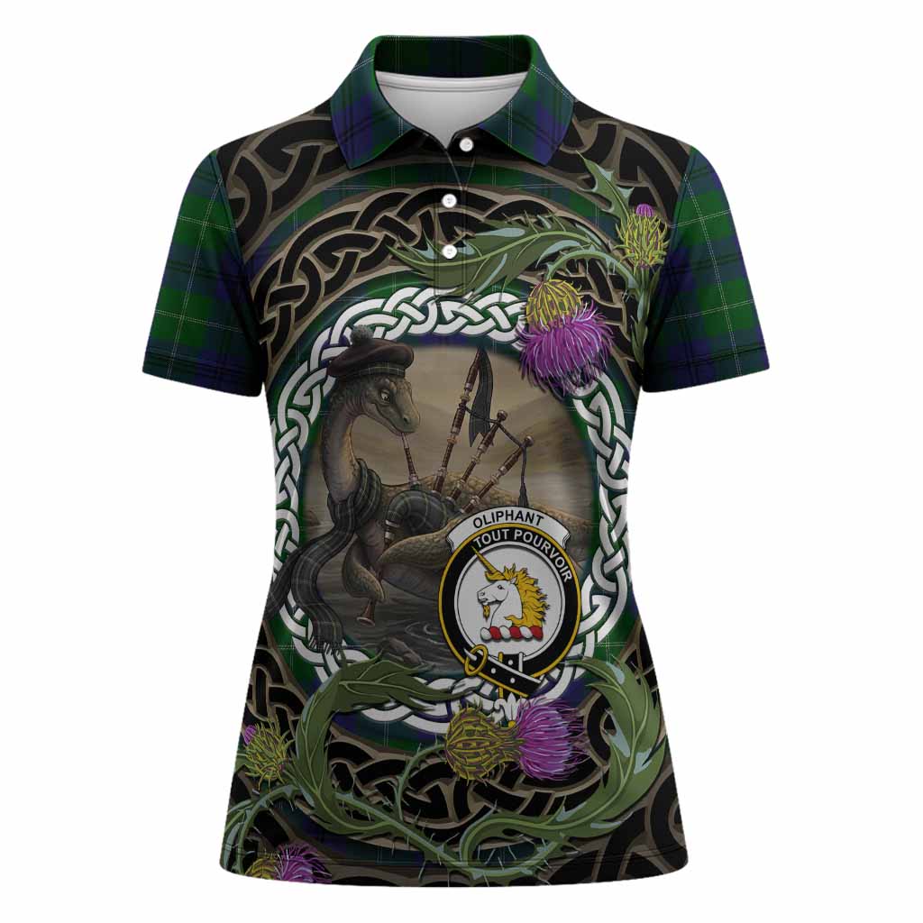 Oliphant Tartan Crest Bagpipe Nessie Women Polo Shirt Scottish Loch Ness Monster Celtic Thistle
