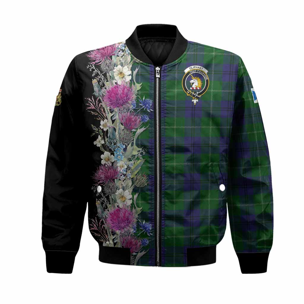 Oliphant Tartan Crest Thistle Floral Bomber Jacket Unisex Black - Tartan Vibes Clothing