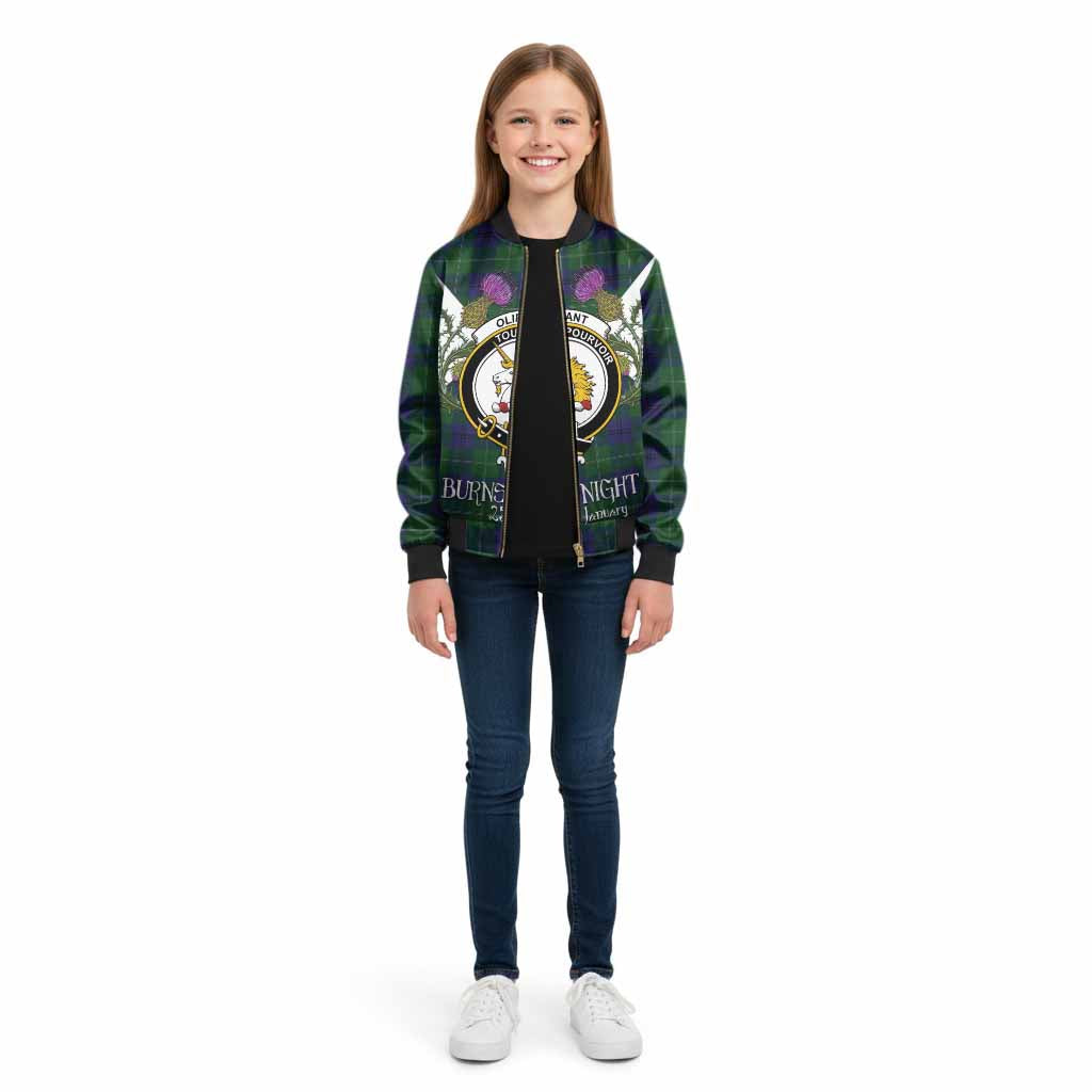 Oliphant Tartan Family Crest Kid Bomber Jacket Scottish Burns Night Thistle Floral