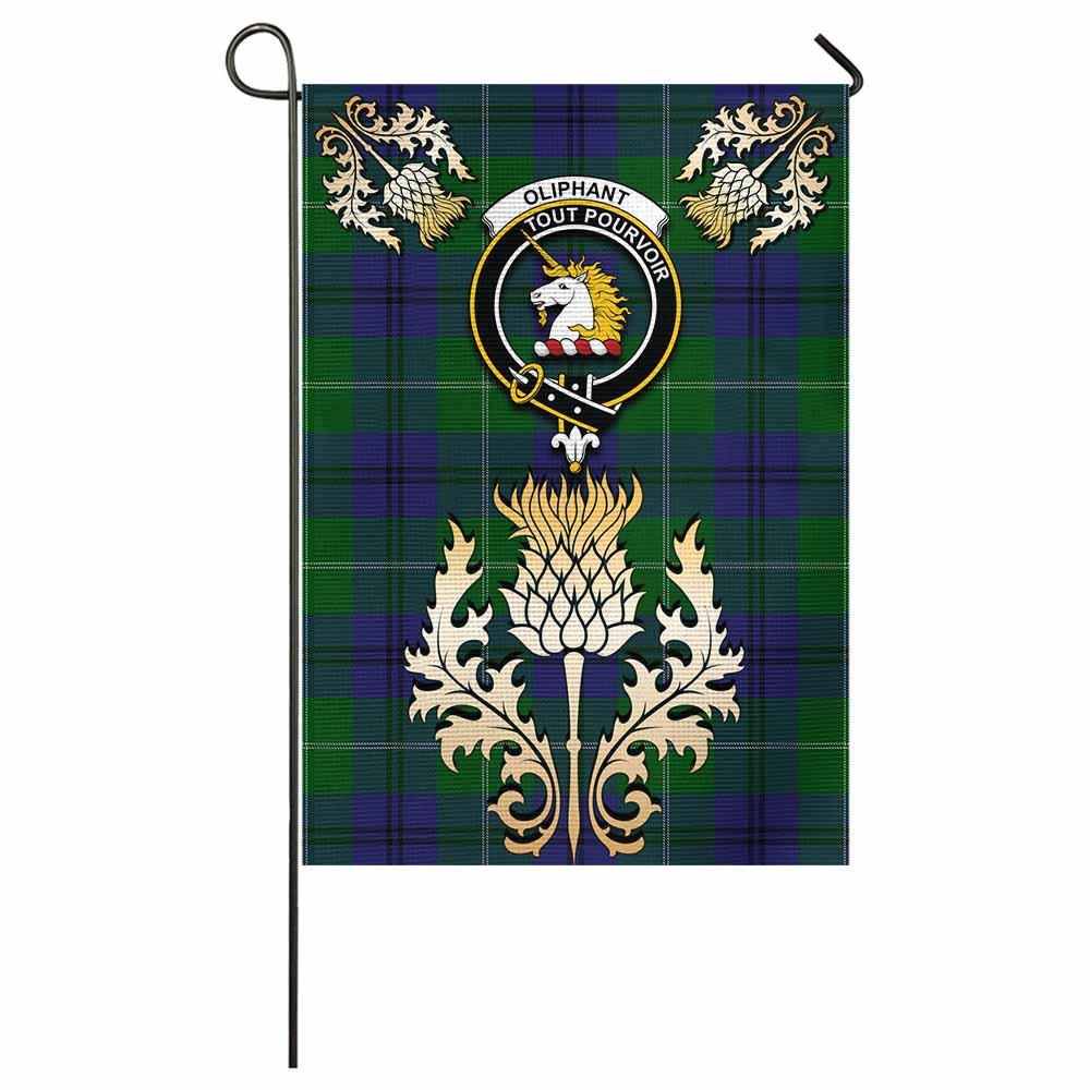 Oliphant Tartan Garden Flag with Golden Regal Scottish Thistle Emblem - Tartan Vibes Clothing