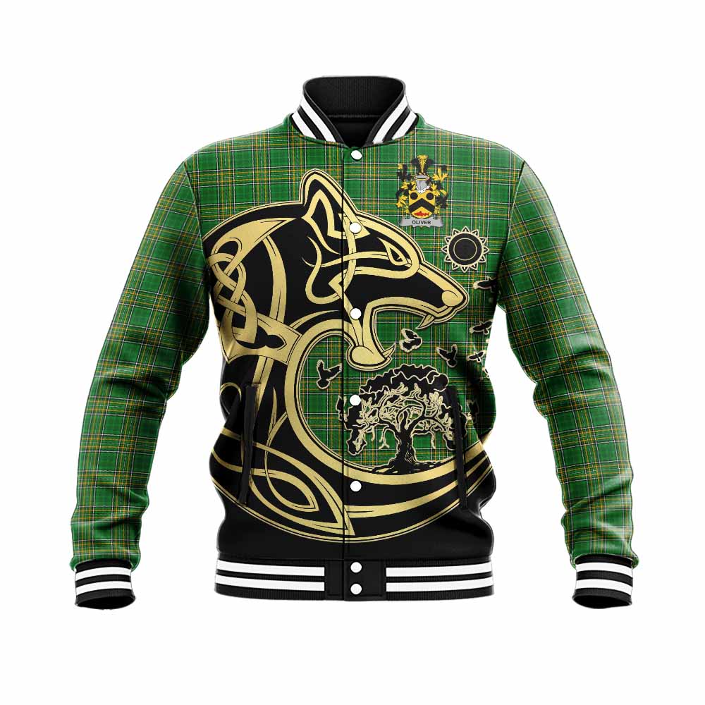 Oliver Irish Tartan Baseball Jacket with Coat of Arms Celtic Wolf Style Unisex - Tartan Vibes Clothing