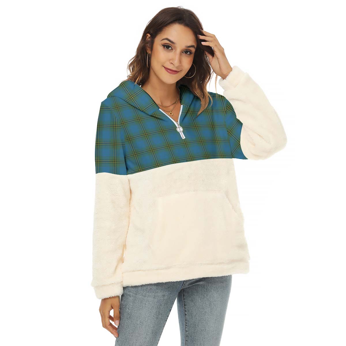 oliver-tartan-womens-borg-fleece-hoodie-with-half-zip
