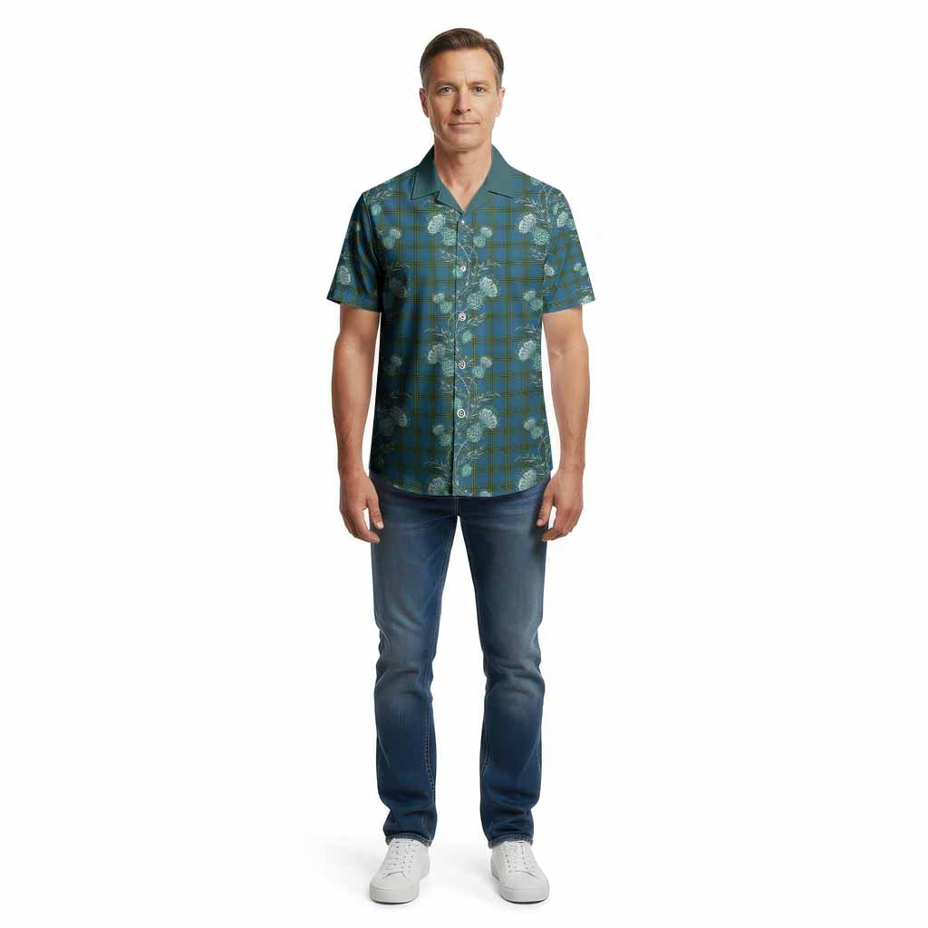 Oliver Tartan Cotton Hawaiian Shirt Seamless Scottish Thistle Flowers