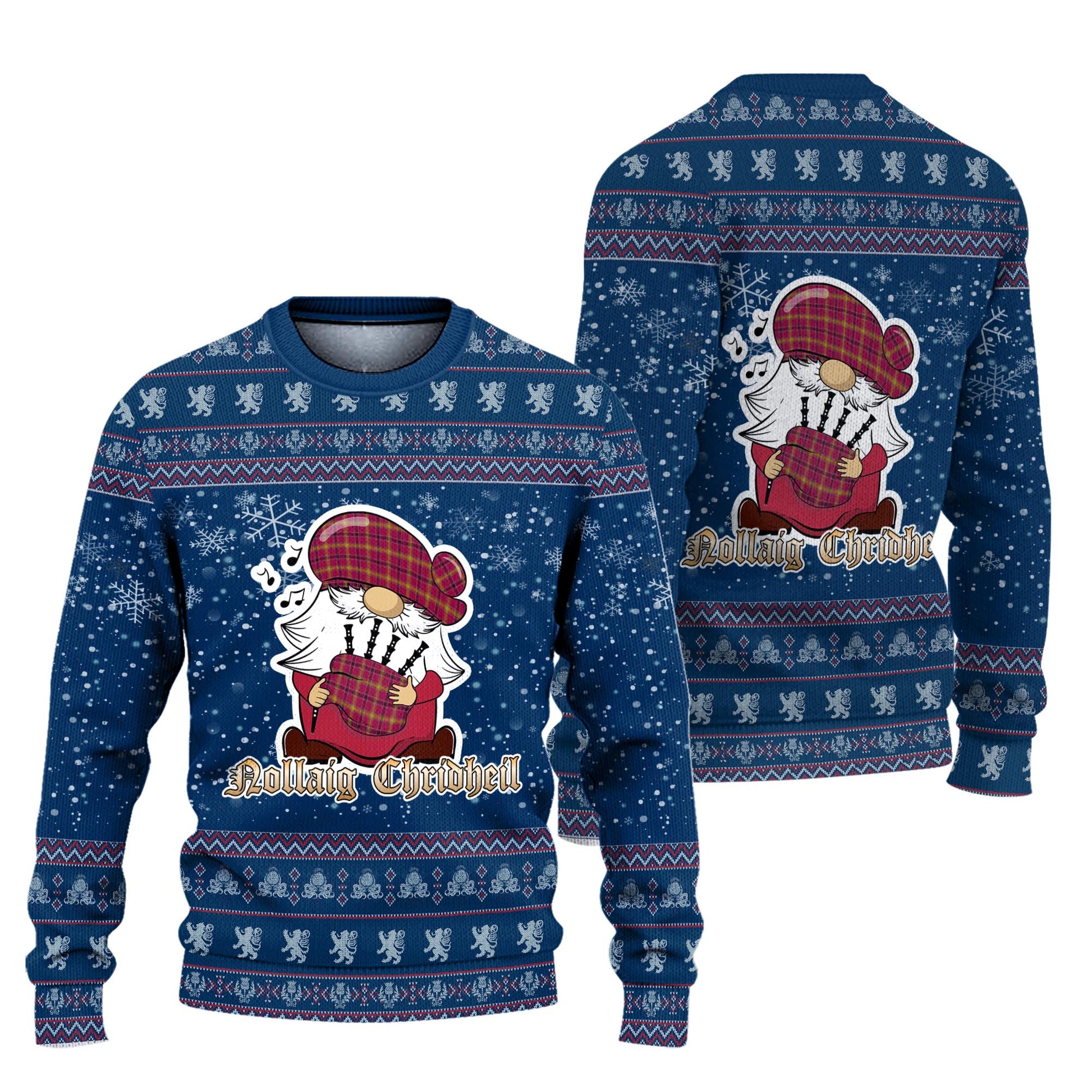 O'Meehan Clan Christmas Family Knitted Sweater with Funny Gnome Playing Bagpipes Unisex Blue - Tartanvibesclothing