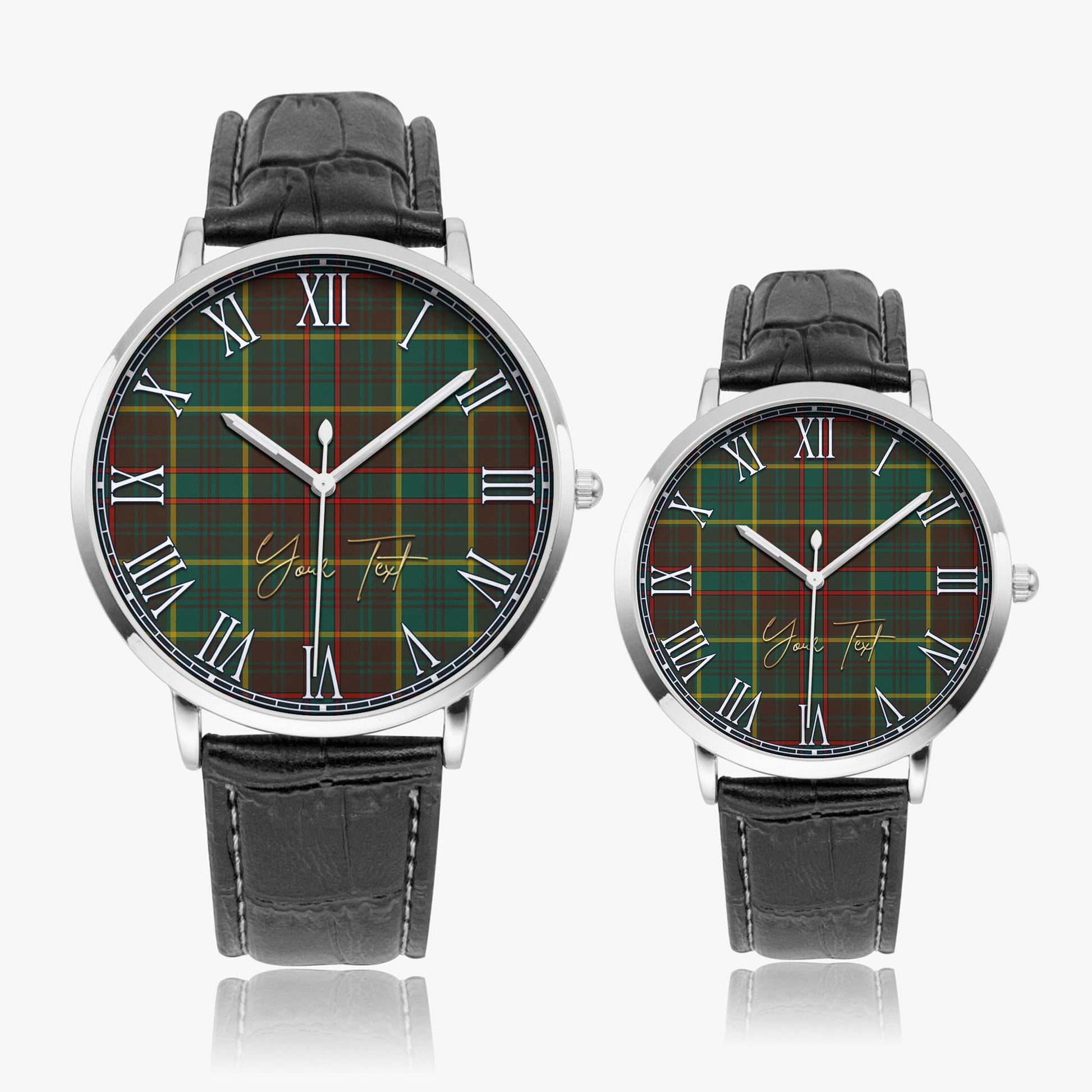 Ontario Province Canada Tartan Personalized Your Text Leather Trap Quartz Watch Ultra Thin Silver Case With Black Leather Strap - Tartanvibesclothing
