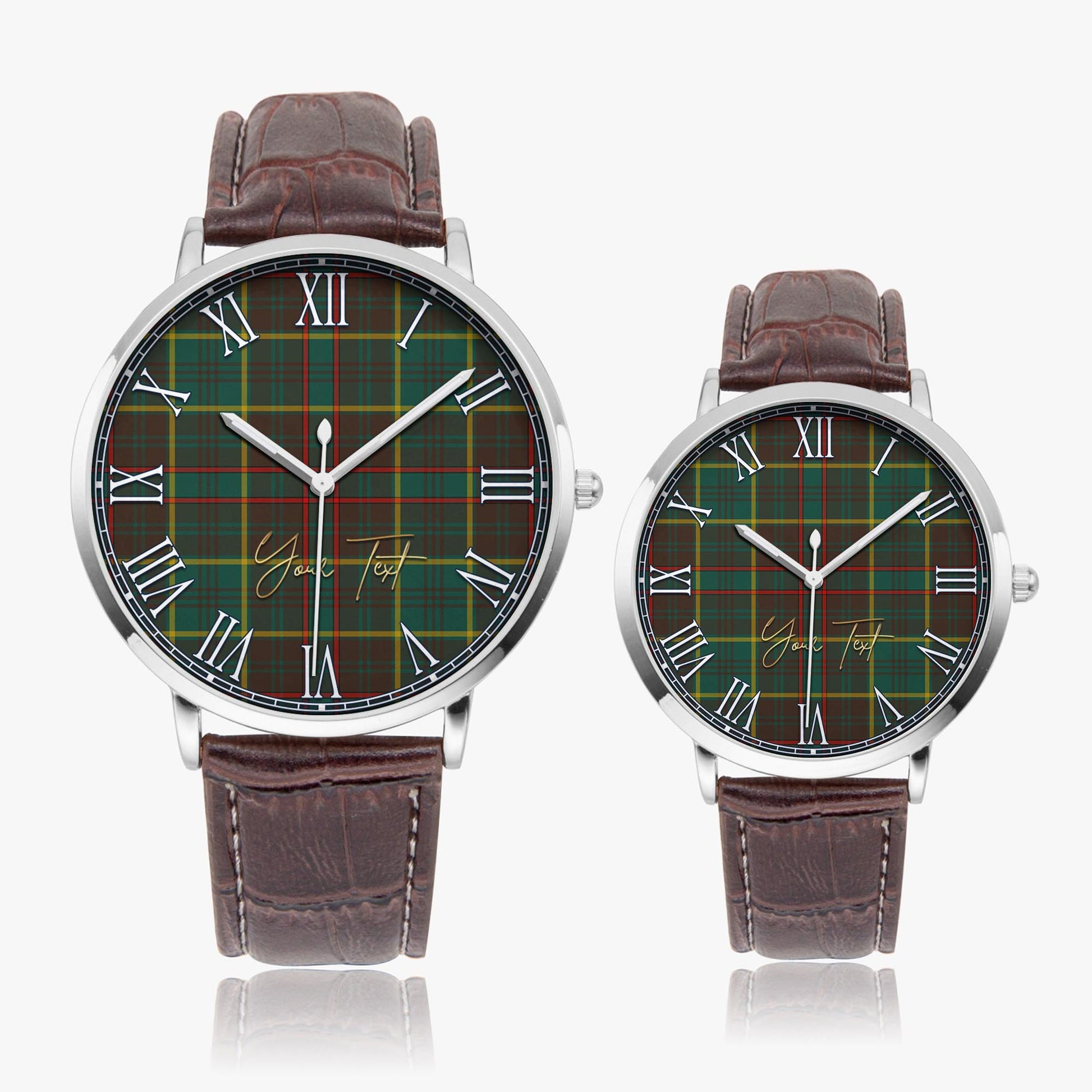 Ontario Province Canada Tartan Personalized Your Text Leather Trap Quartz Watch Ultra Thin Silver Case With Brown Leather Strap - Tartanvibesclothing