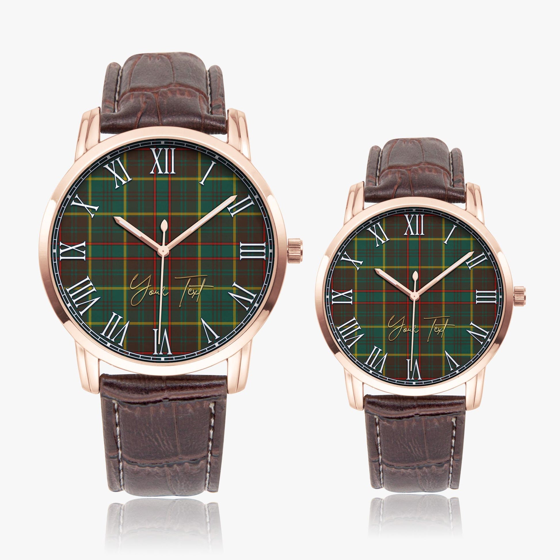 Ontario Province Canada Tartan Personalized Your Text Leather Trap Quartz Watch Wide Type Rose Gold Case With Brown Leather Strap - Tartanvibesclothing