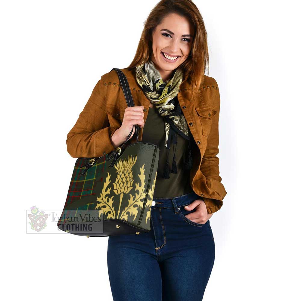 Tartan Vibes Clothing Ontario Province Canada Tartan Leather Tote Bag Gold Thistle Style