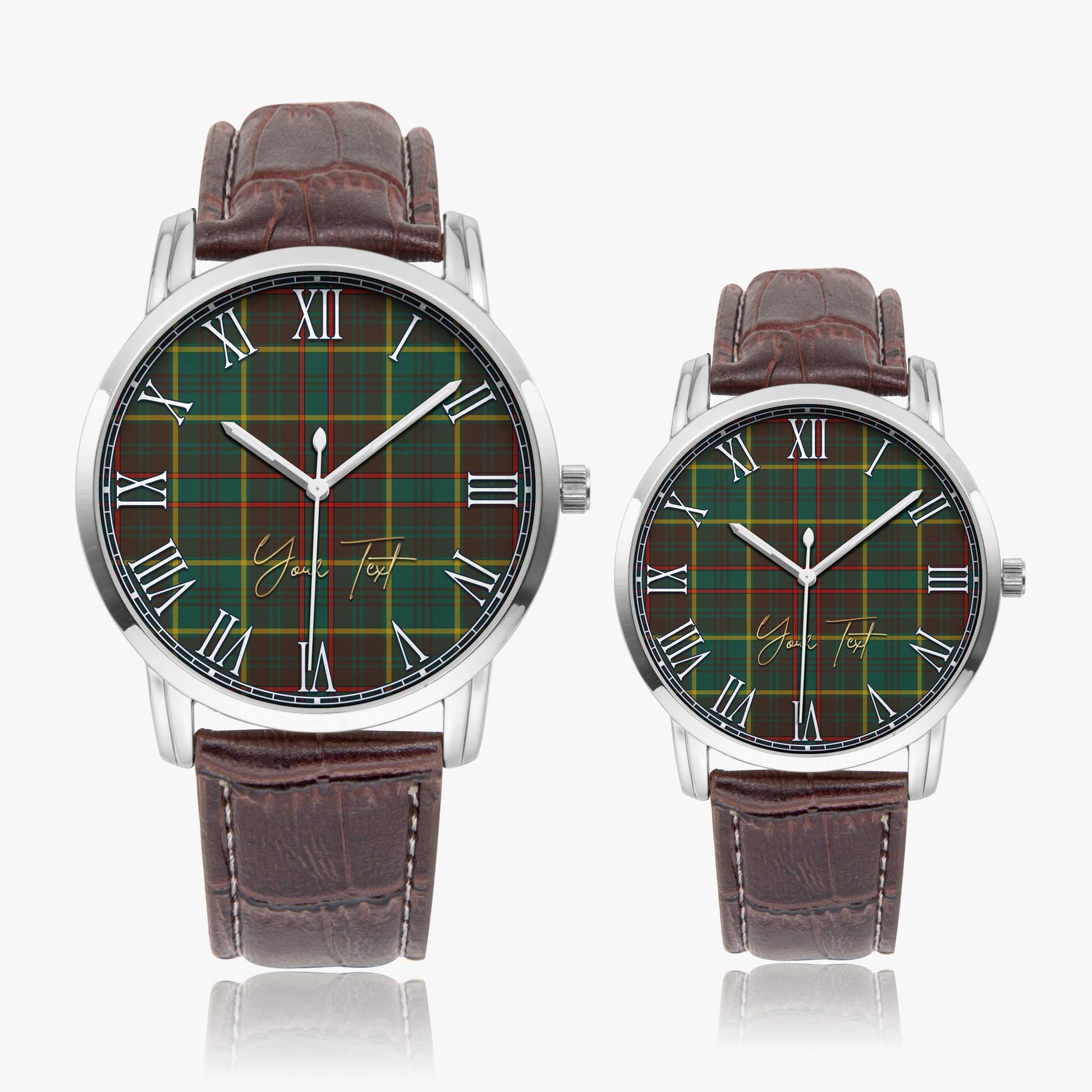 Ontario Province Canada Tartan Personalized Your Text Leather Trap Quartz Watch Wide Type Silver Case With Brown Leather Strap - Tartanvibesclothing
