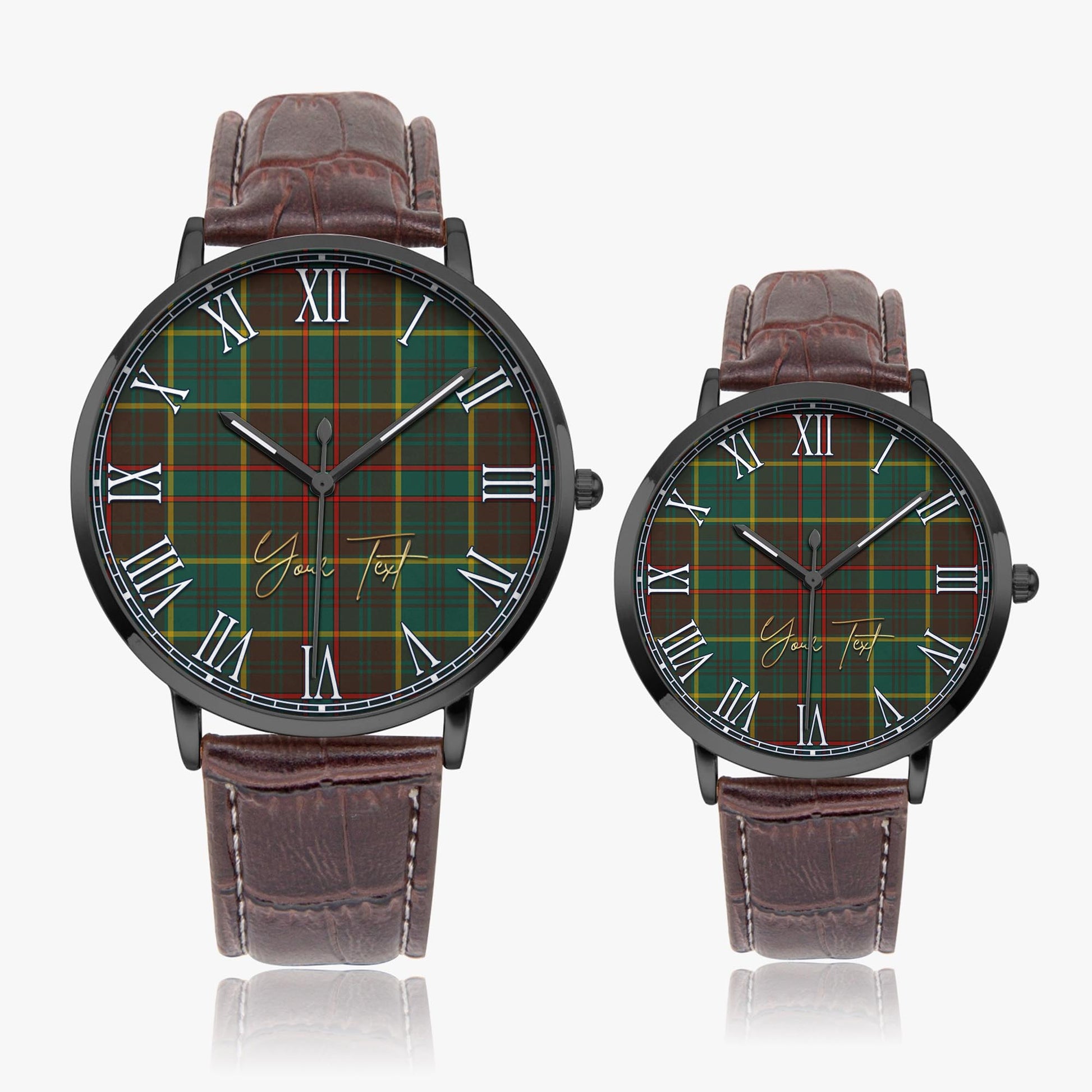 Ontario Province Canada Tartan Personalized Your Text Leather Trap Quartz Watch Ultra Thin Black Case With Brown Leather Strap - Tartanvibesclothing